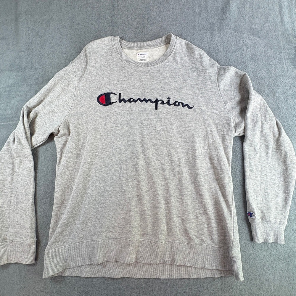 Champion Mens XL Gray Script Logo Crewneck Sweatshirt French Terry Pullover
